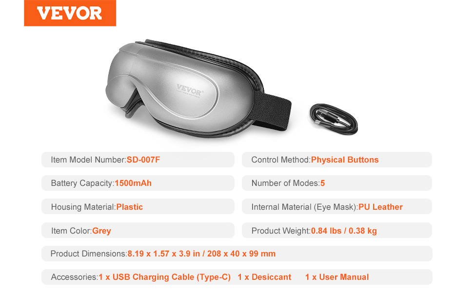 VEVOR heated eye massager with grey plastic housing, pu leather interior, and a 1500mah battery.