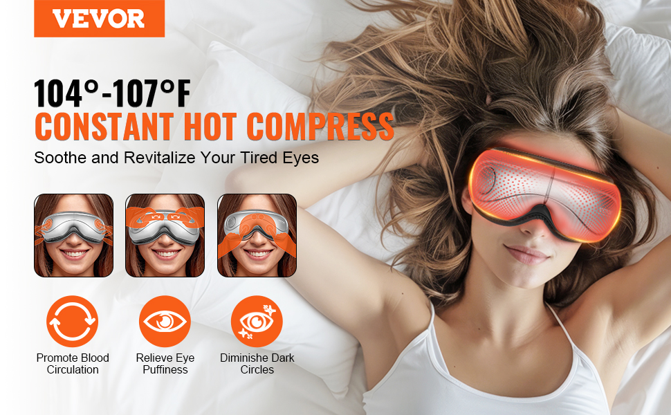 VEVOR heated eye massager provides a constant hot compress to soothe and revitalize tired eyes.