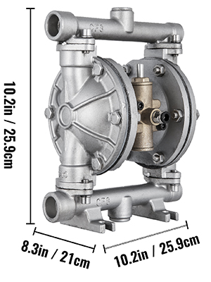 VEVOR air-operated double diaphragm pump with dimensions labeled: 10.2in x 8.3in.
