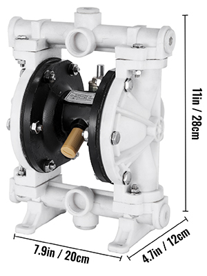 VEVOR air-operated double diaphragm pump dimensions: 11in x 4.7in x 7.9in.