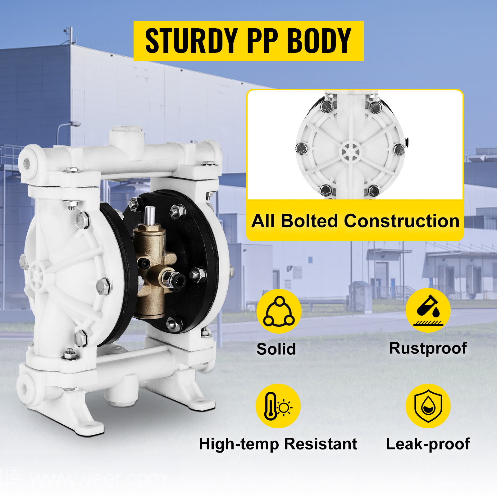VEVOR air-operated double diaphragm pump with sturdy pp body, solid, rustproof, and leak-proof features.