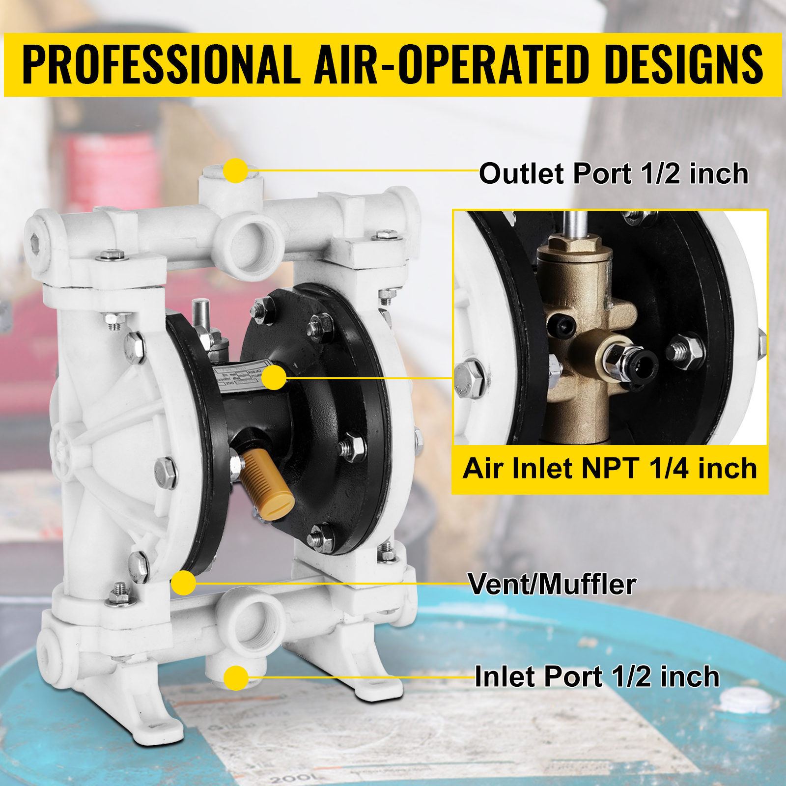VEVOR air-operated double diaphragm pump with labeled ports and inlets.