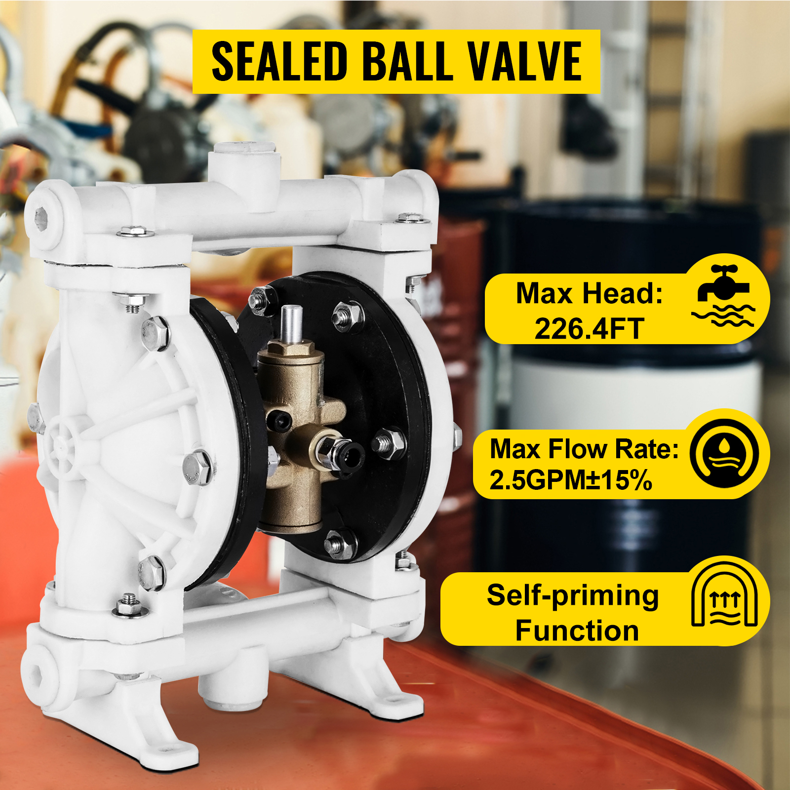 VEVOR air-operated double diaphragm pump with sealed ball valve on a workshop table.