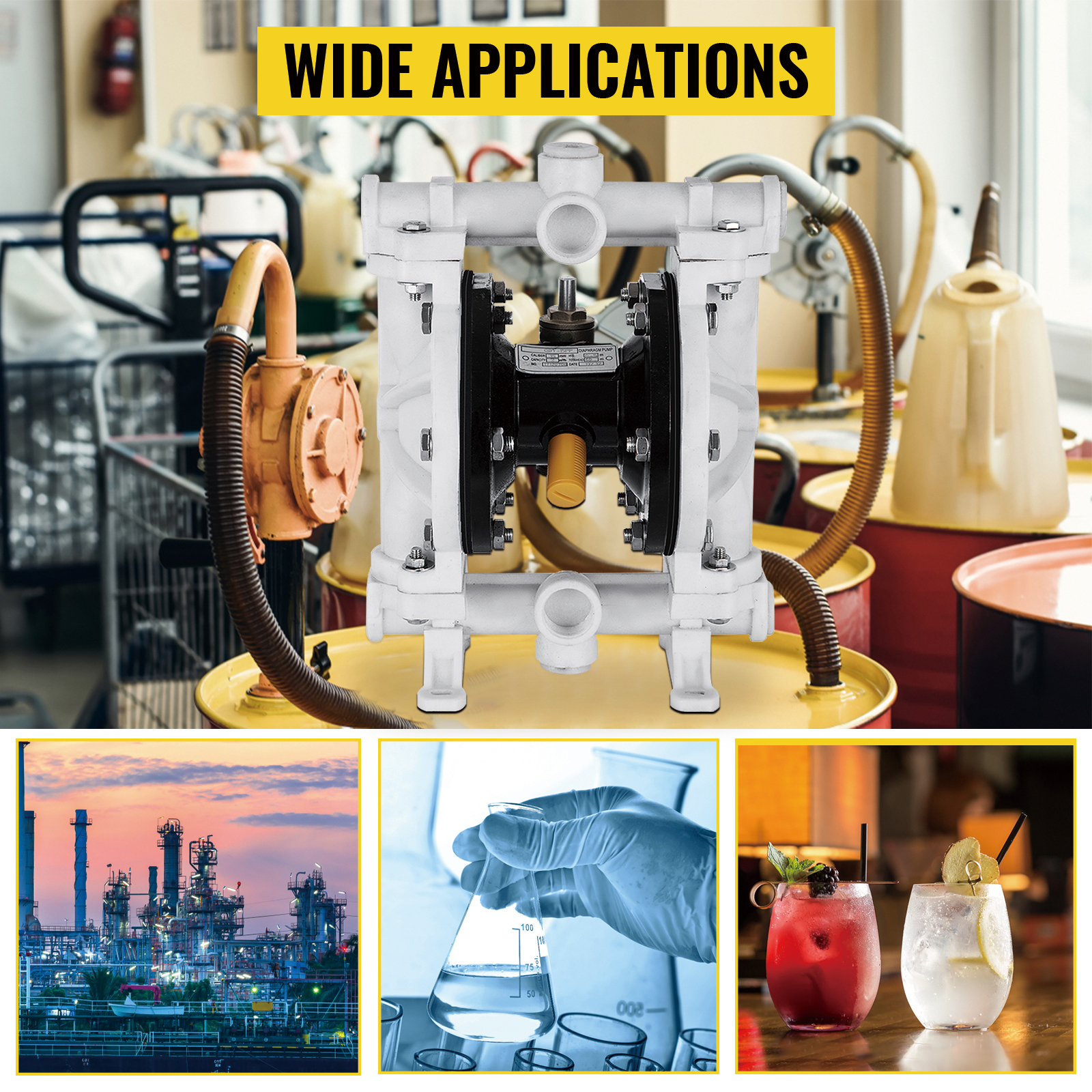 VEVOR air-operated double diaphragm pump used in varied industrial settings.