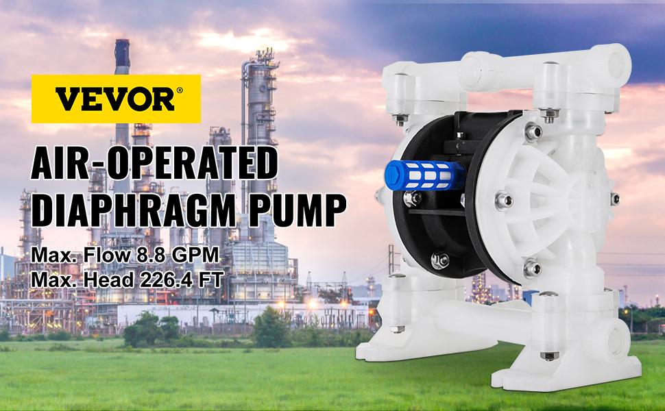 VEVOR air-operated diaphragm pump with industrial background.