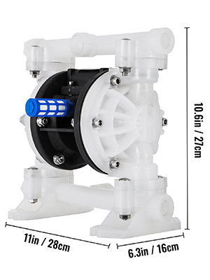 VEVOR air-operated diaphragm pump with dimensions explained in inches and centimeters.