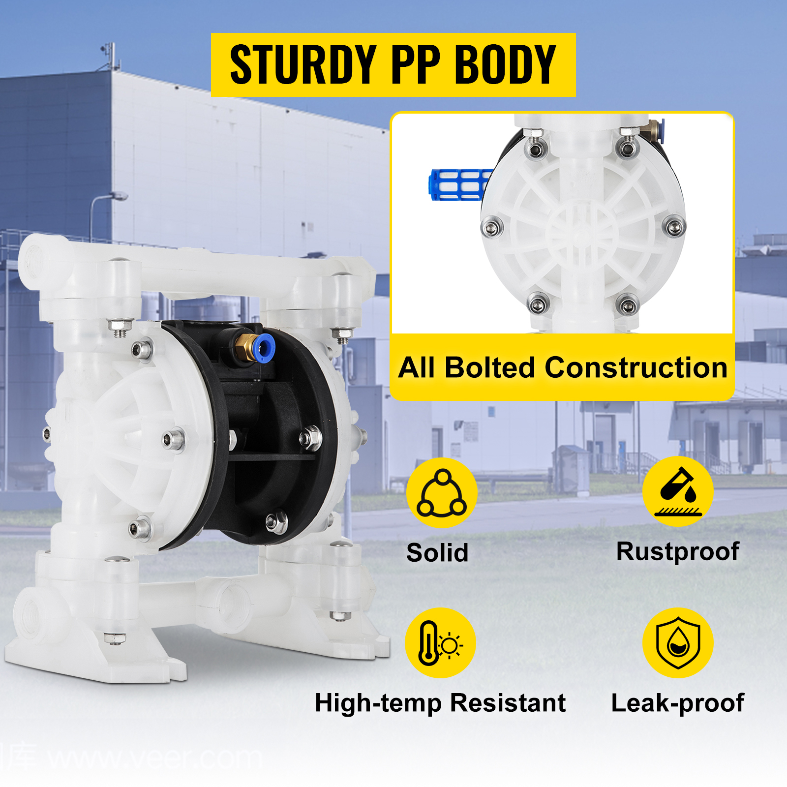 VEVOR air-operated diaphragm pump with sturdy pp body, rustproof and leak-proof.