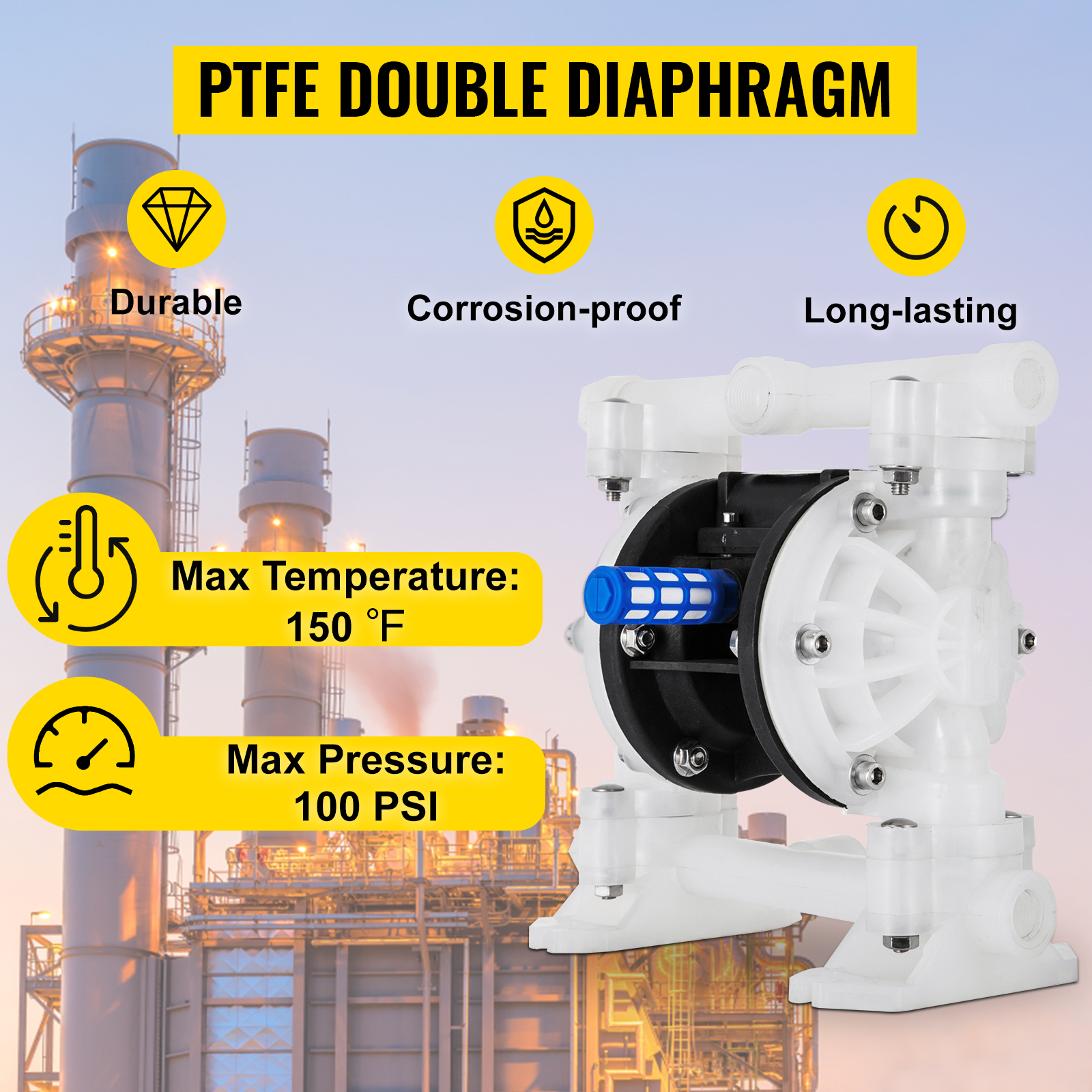 ptfe double diaphragm pump for industrial use, durable, corrosion-proof, max 100 psi, 150°f.
