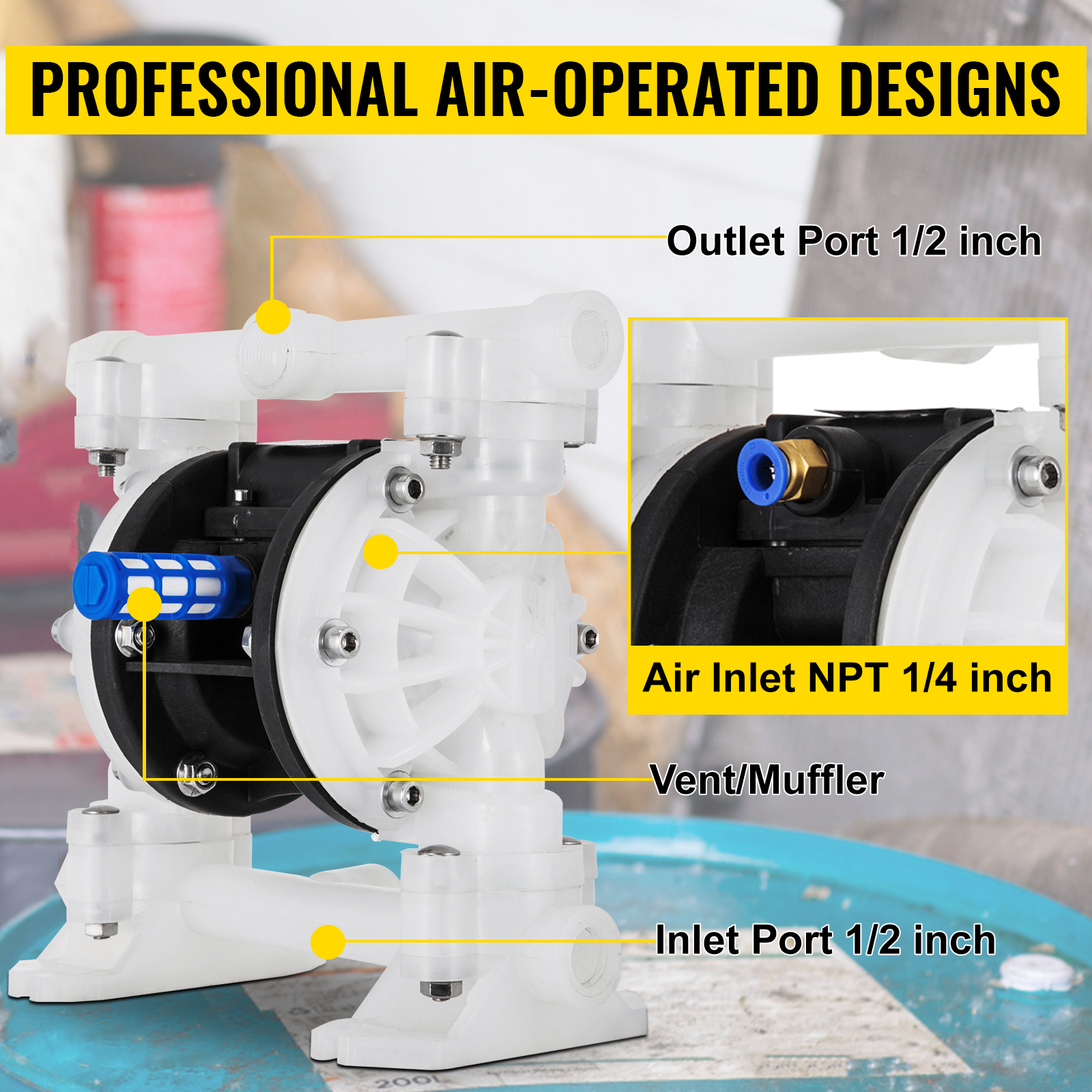 VEVOR air-operated diaphragm pump with labeled ports and professional design features.