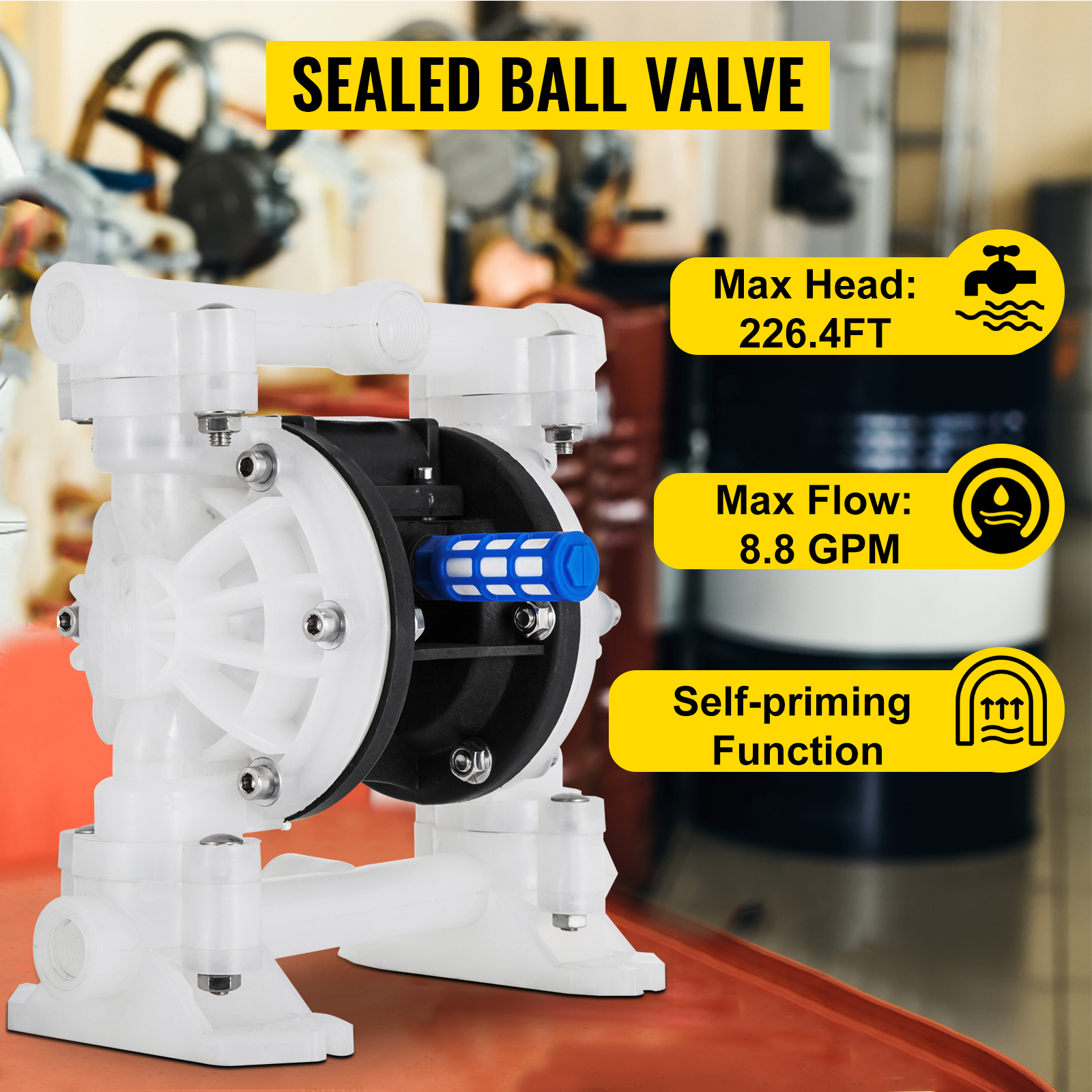 VEVOR air-operated diaphragm pump with sealed ball valve, 226.4ft max head, 8.8 gpm flow.