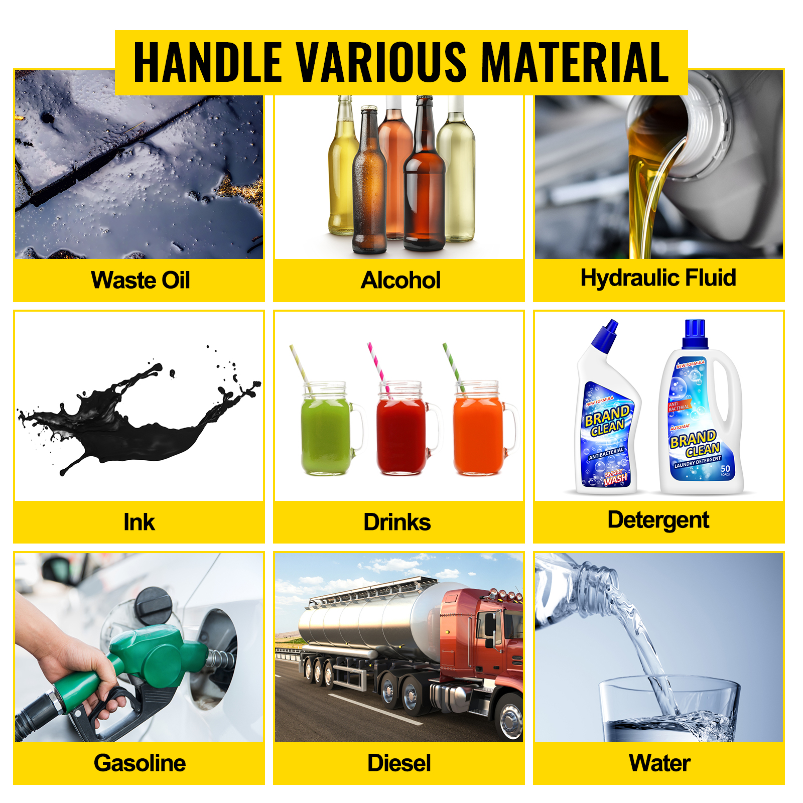 VEVOR air-operated diaphragm pump: waste oil, alcohol, hydraulic fluid, ink, drinks, detergent.