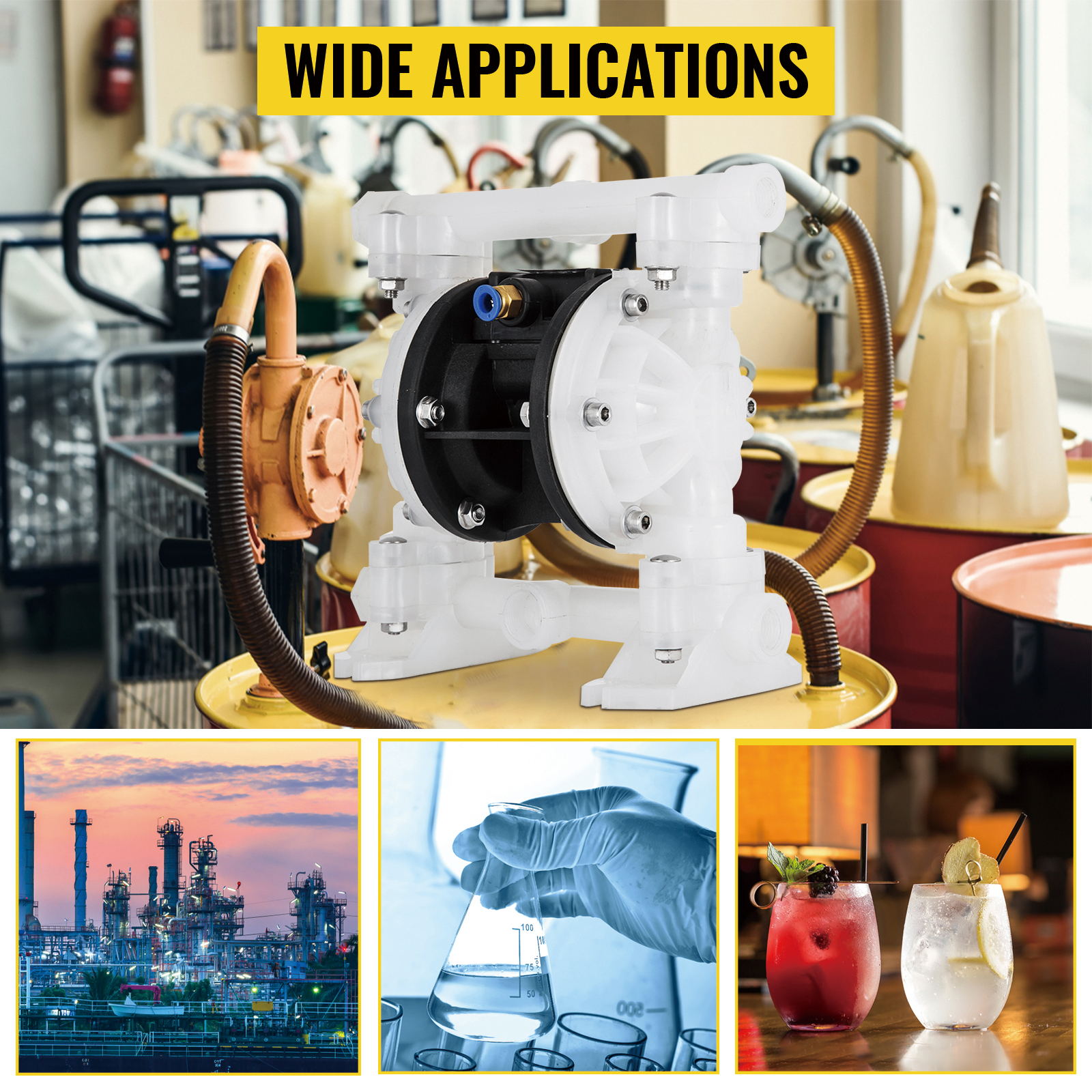 VEVOR air-operated diaphragm pump with wide application images in industrial and lab settings.