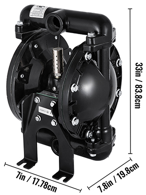 black VEVOR diaphragm pump with dimensions 33in x 7in x 7.8in noted on image.