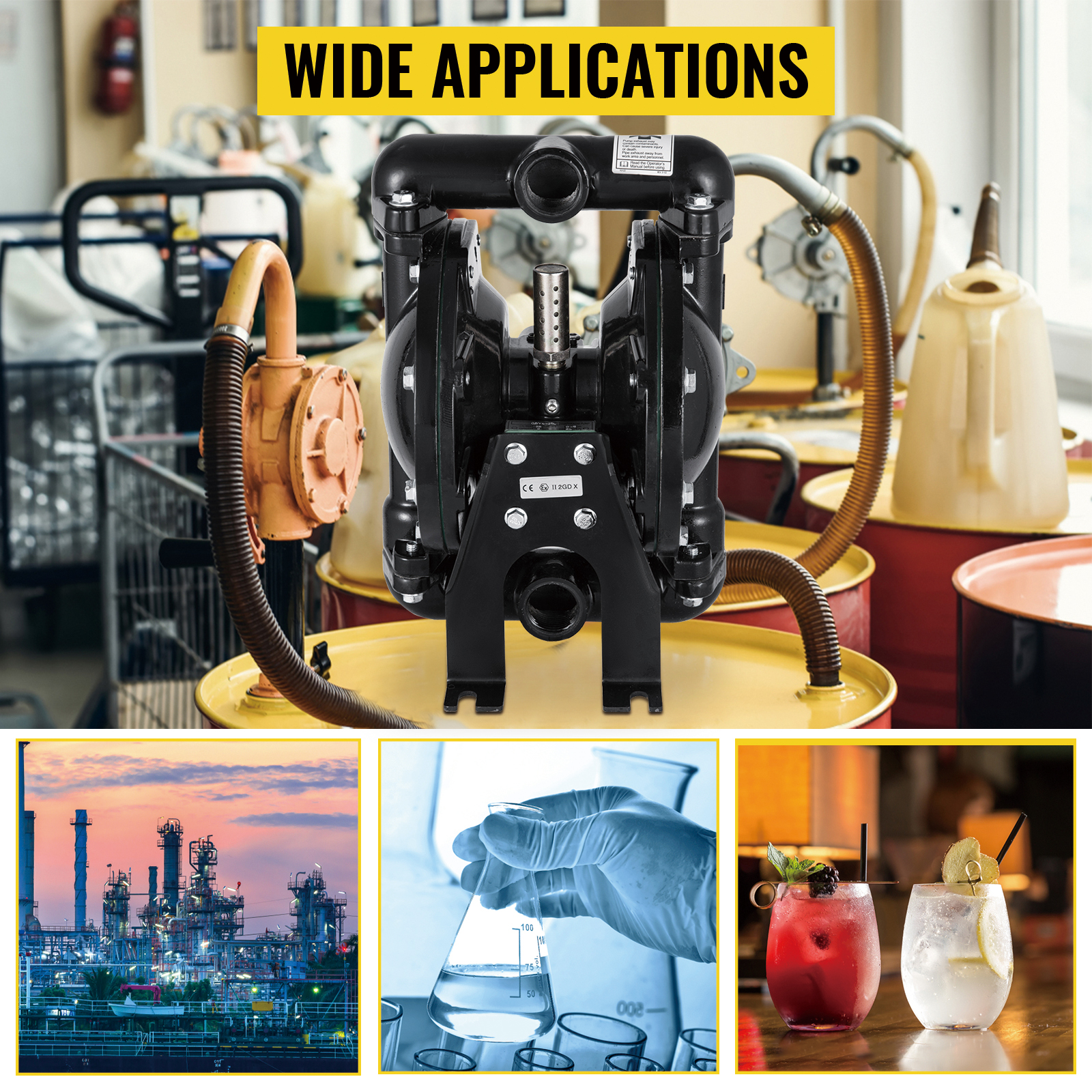 VEVOR diaphragm pump displayed with industrial and beverage applications.