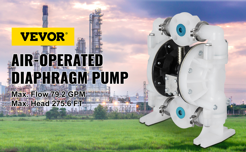 VEVOR air-operated double diaphragm pump with industrial background and specs.
