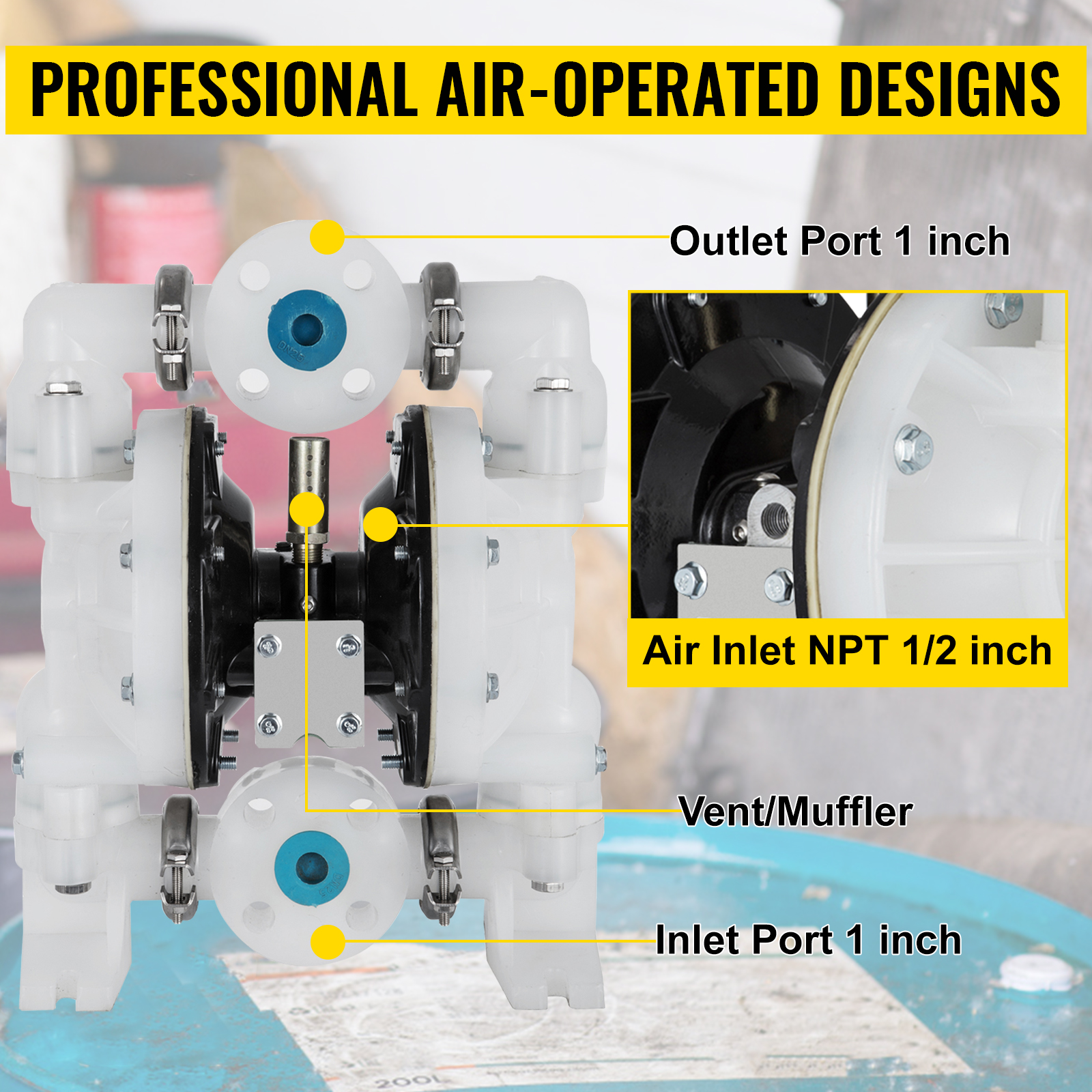 VEVOR air-operated double diaphragm pump with labeled ports and components.