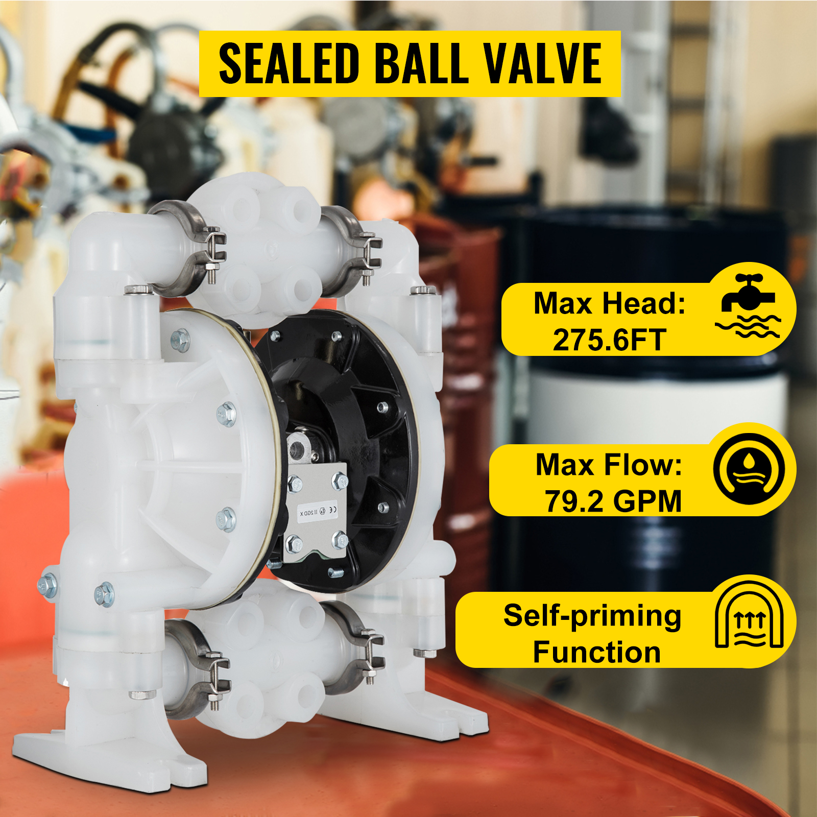 VEVOR air-operated double diaphragm pump with 275.6ft max head and 79.2 gpm flow.