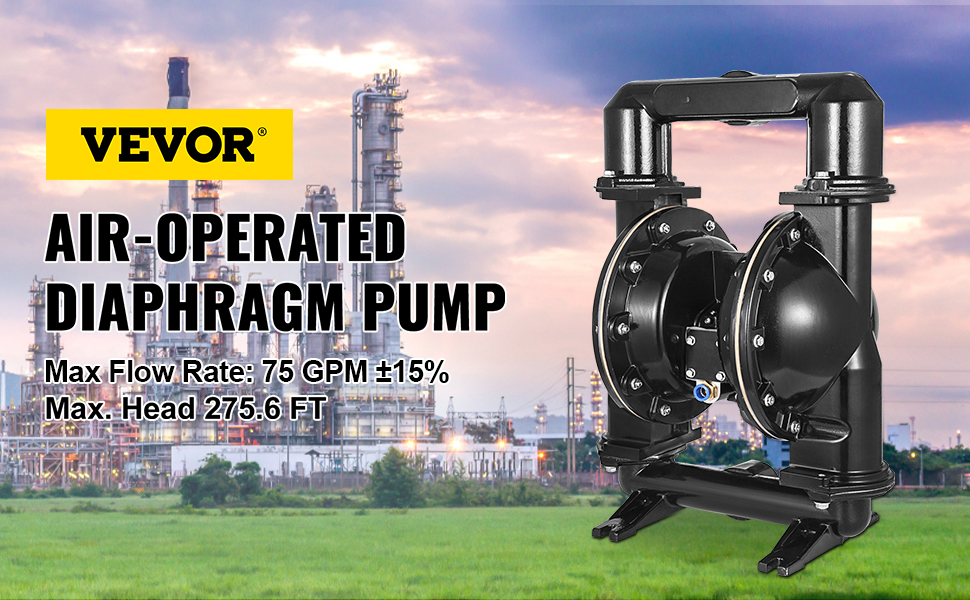 VEVOR double diaphragm pump with industrial plant in the background. max 75 gpm, 275.6 ft.