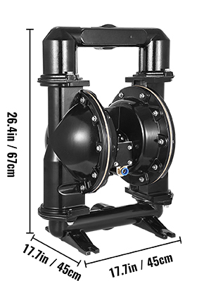 black VEVOR double diaphragm pump with dimensions 26.4in x 17.7in.