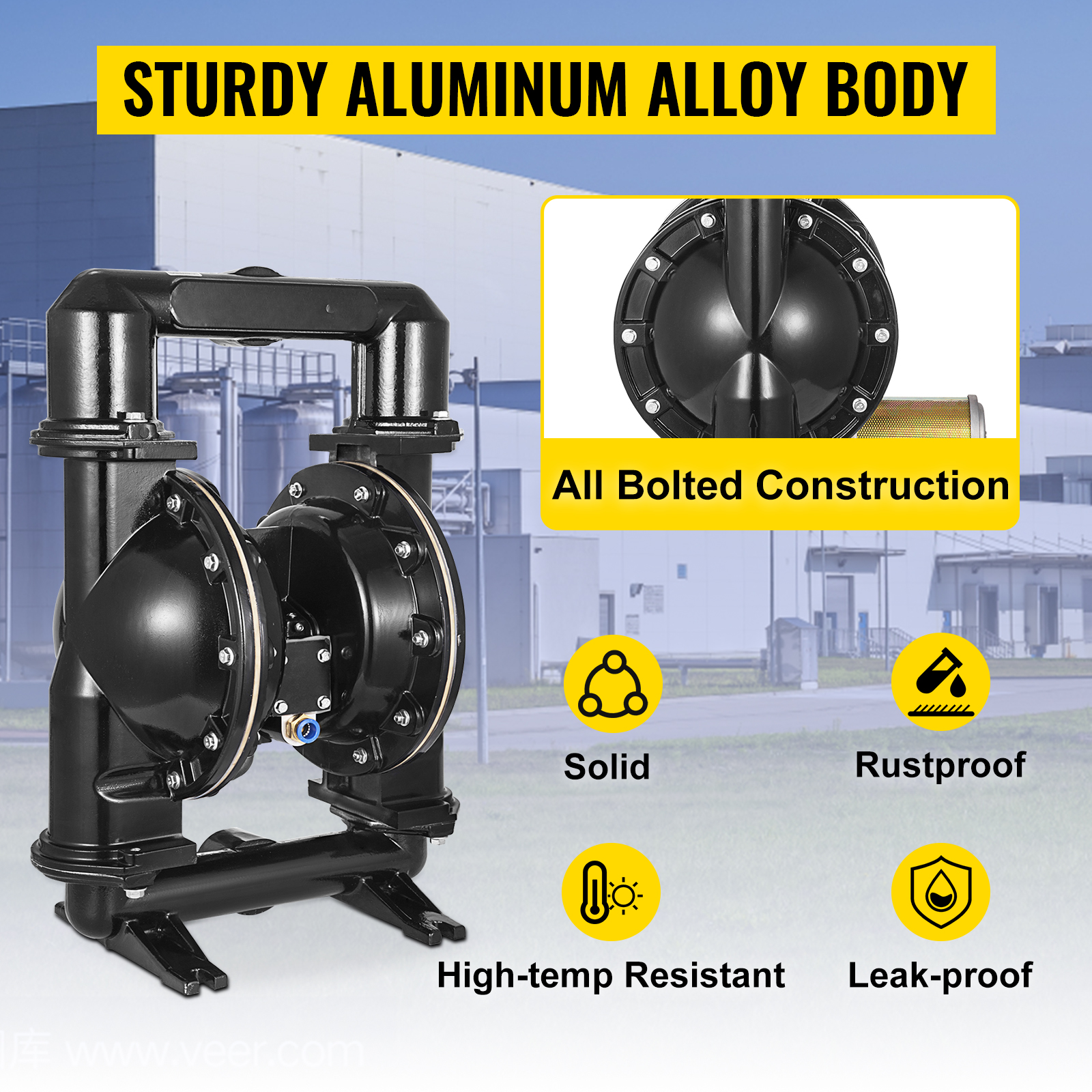 VEVOR double diaphragm pump with sturdy aluminum alloy body and bolted construction.