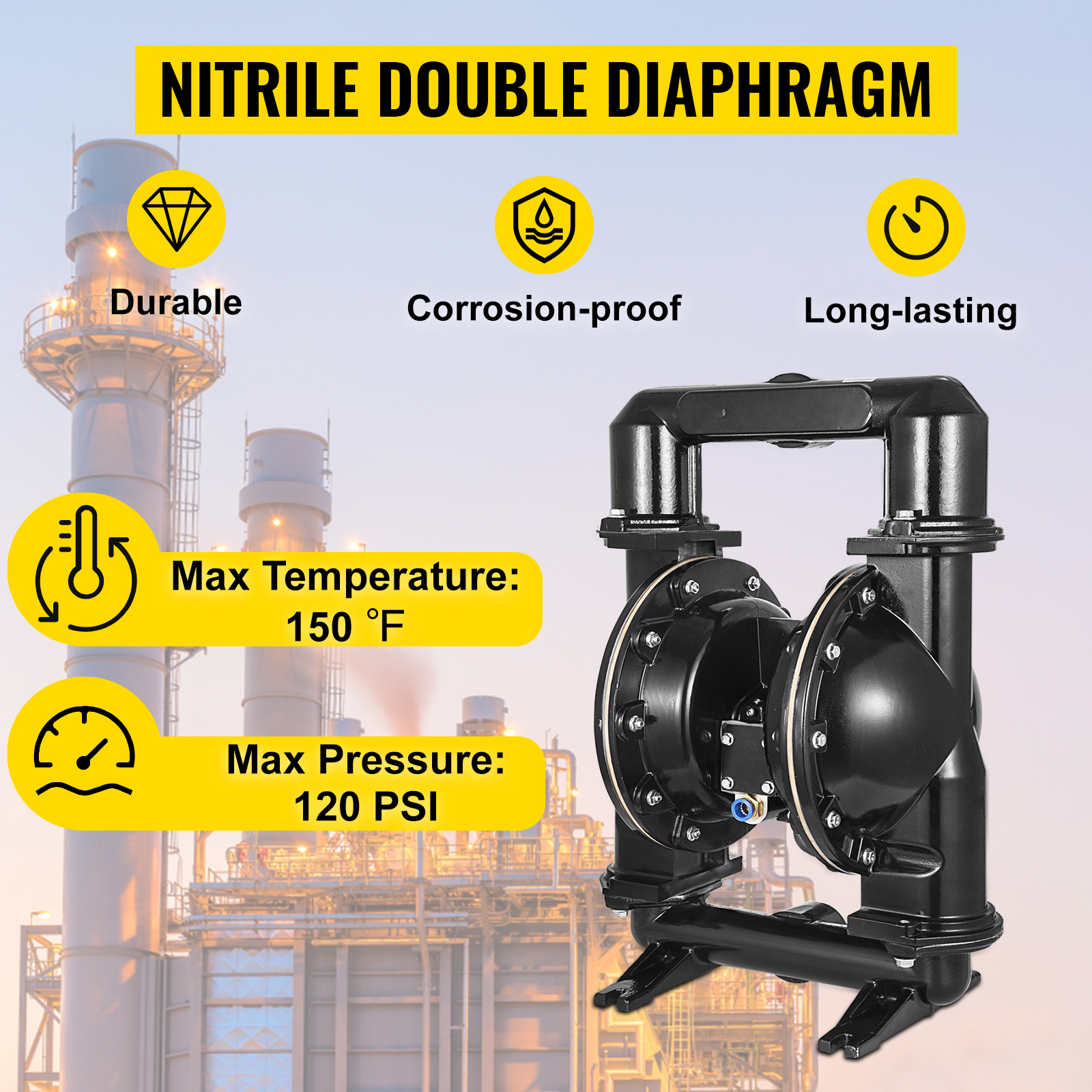 VEVOR double diaphragm pump in front of an industrial plant, durable and corrosion-proof.