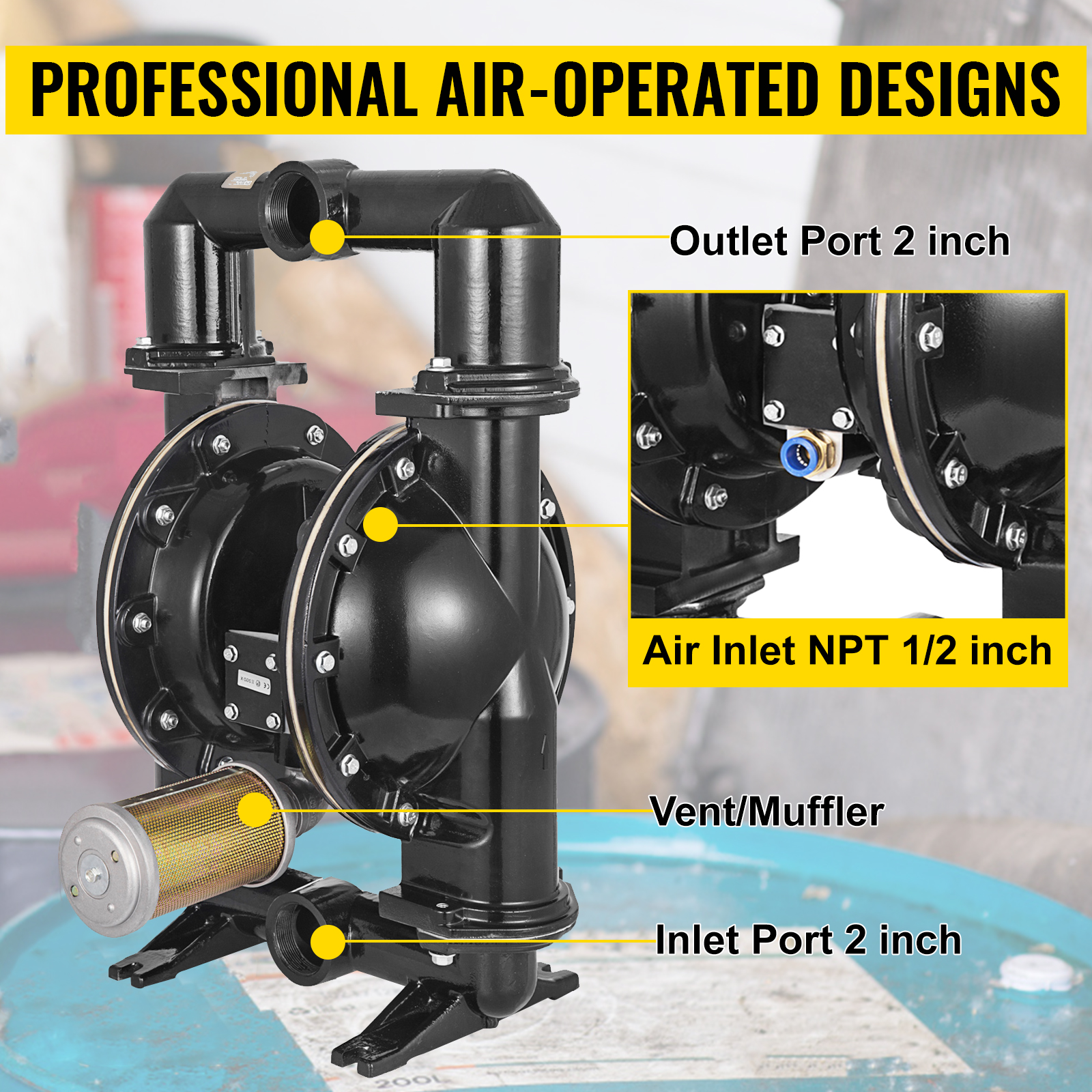 VEVOR double diaphragm pump with labeled ports and air inlet details.