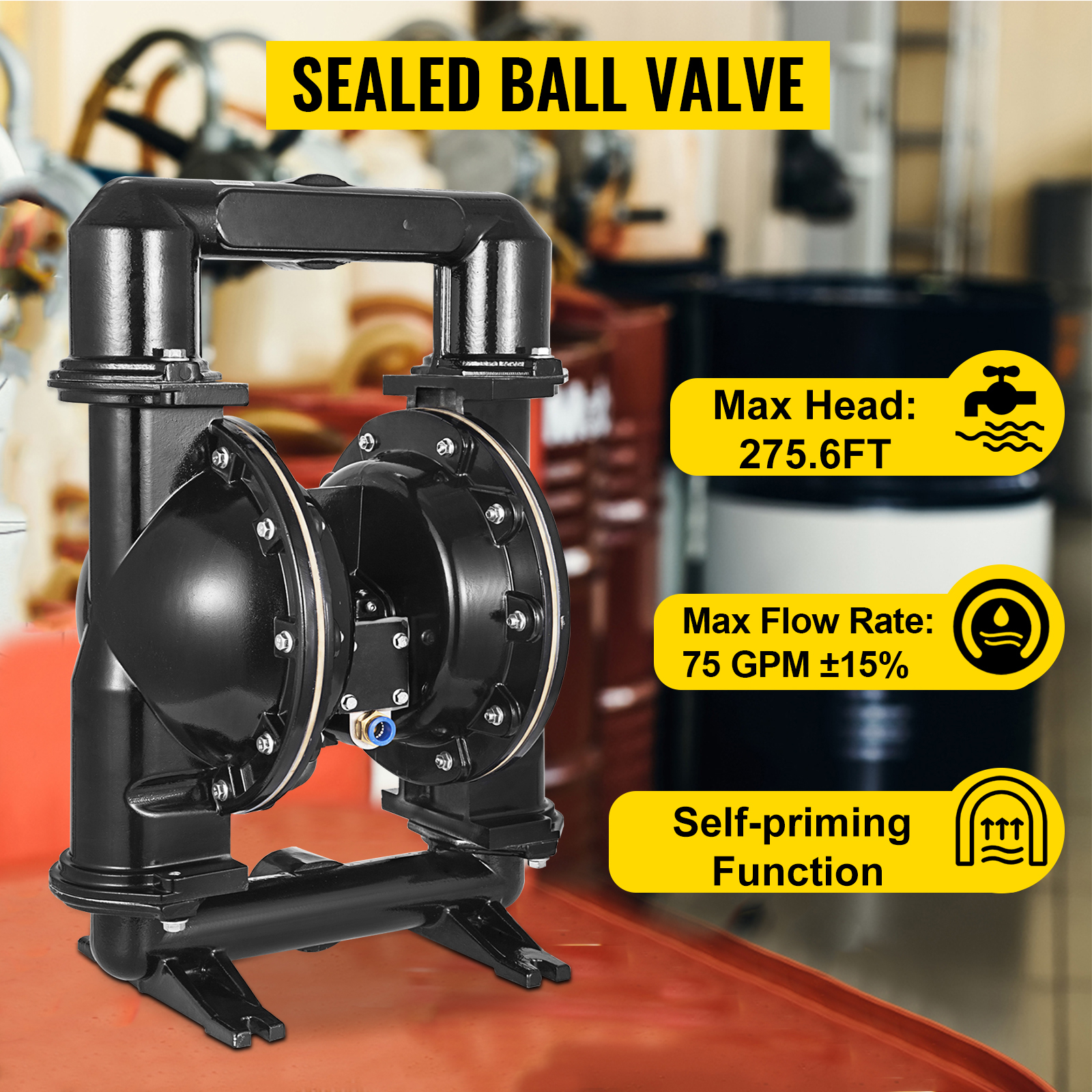 VEVOR double diaphragm pump with sealed ball valve, max head 275.6ft, 75 gpm flow rate.