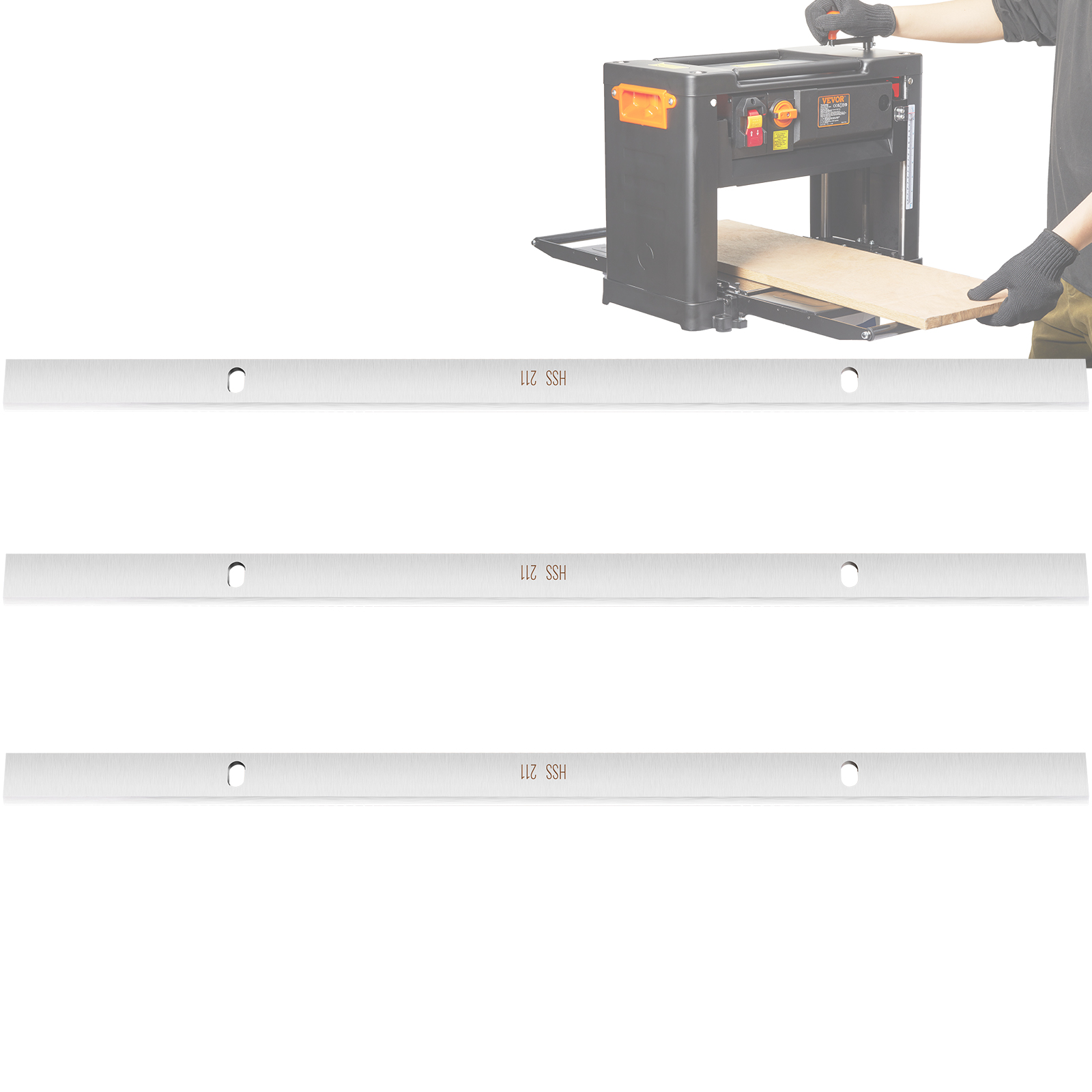 planer and three VEVOR planer blades with a worker adjusting machine. perfect for woodworking.