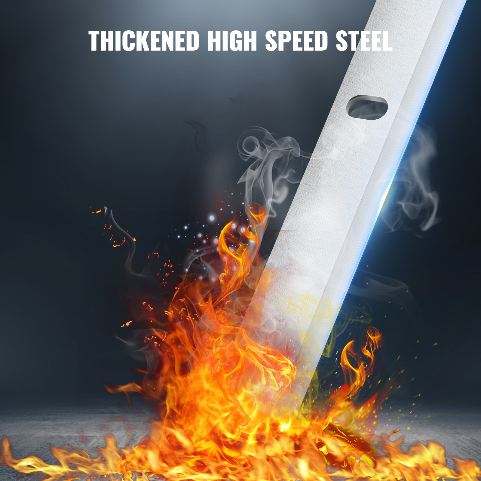 VEVOR planer blades thickened high speed steel, glowing blade amidst fiery flames and smoke.