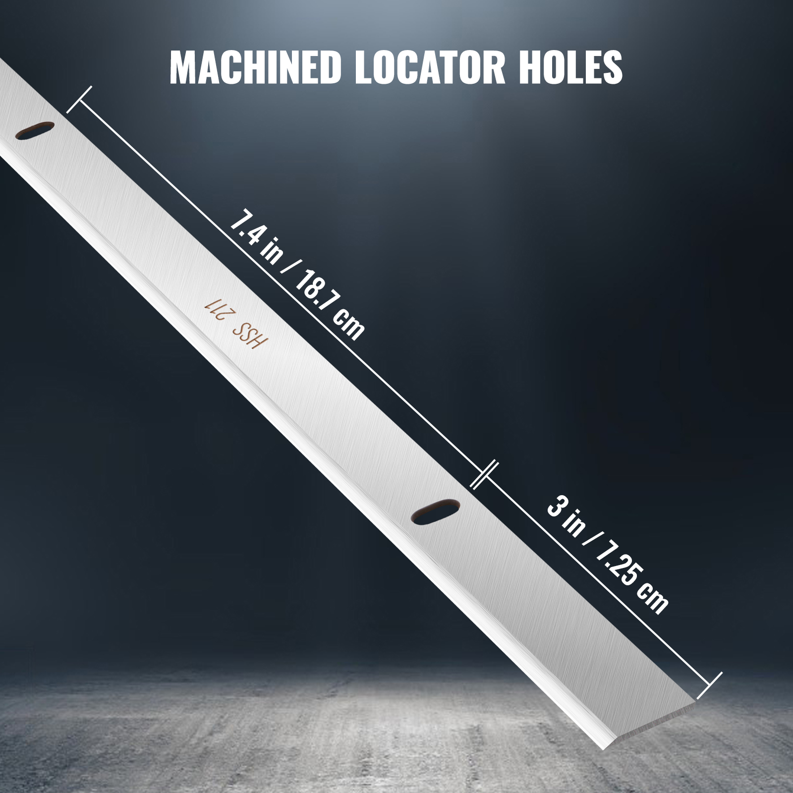 VEVOR planer blades with machined locator holes, dimensions 7.4 in x 3 in.