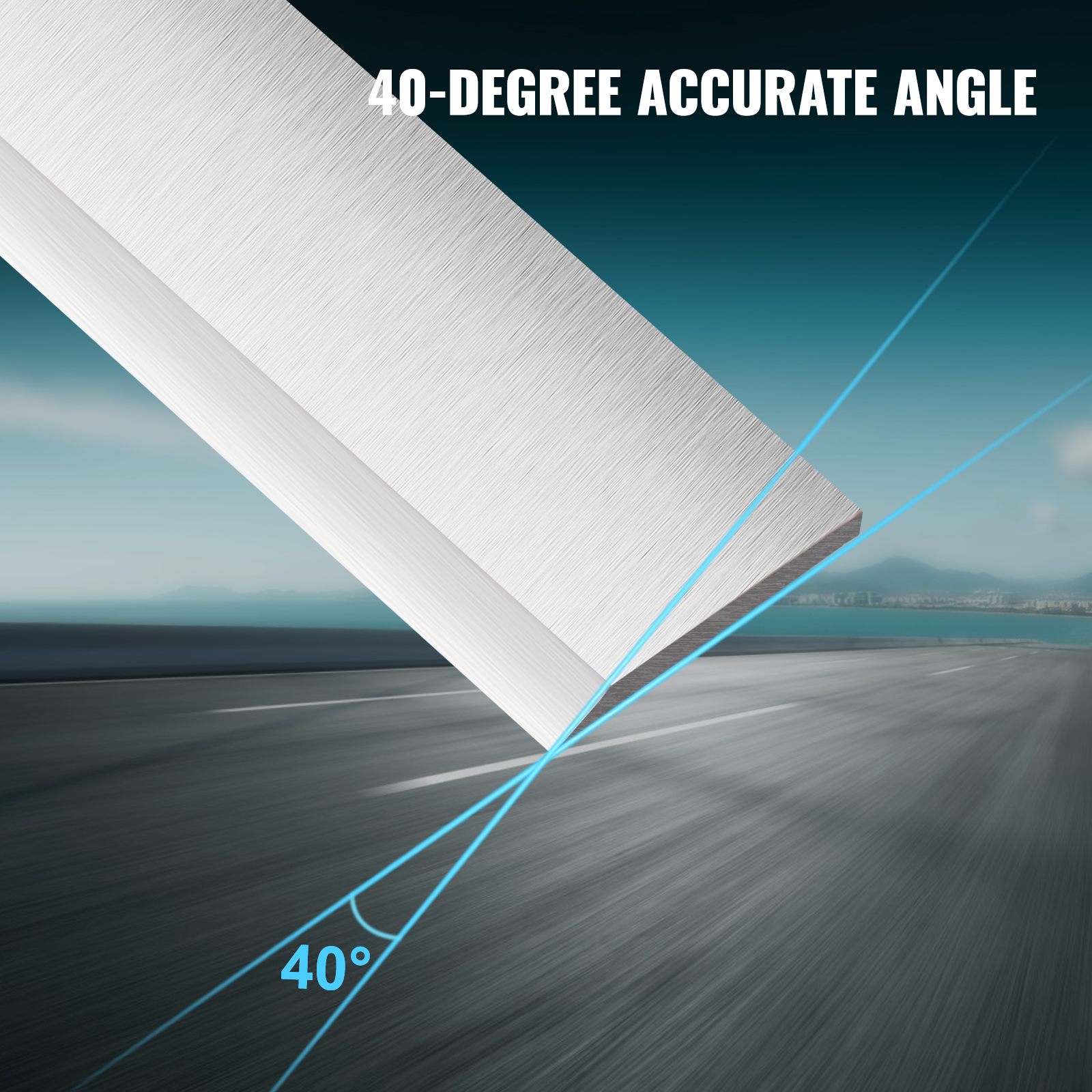 VEVOR planer blades with 40-degree accurate angle for precision cutting on a blurred road background.
