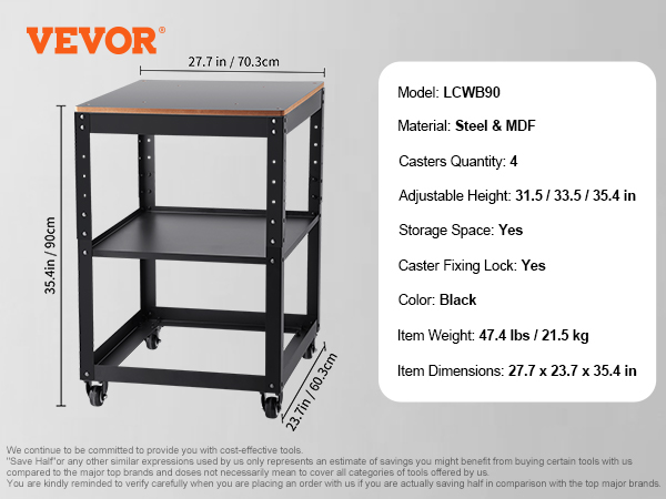 VEVOR planer stand with 4 casters, black steel frame, and mdf top, 35.4in tall, adjustable height.