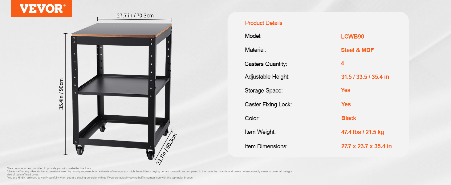 VEVOR planer stand with 4 casters, black steel frame, and mdf top, 35.4in tall, adjustable height.