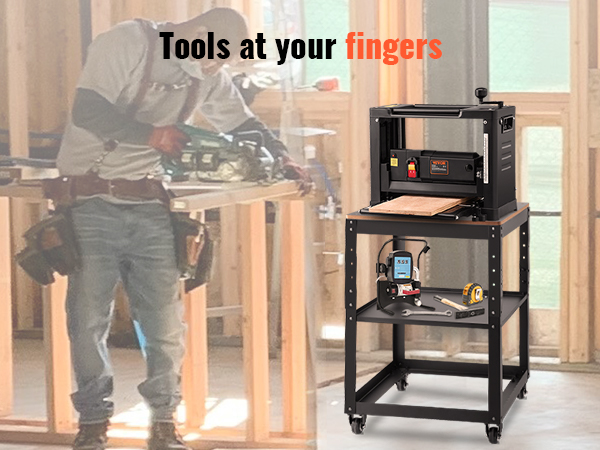 worker using tools near VEVOR planer stand in a construction setting. 
