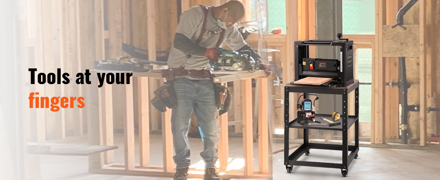 worker using tools near VEVOR planer stand in a construction setting. 