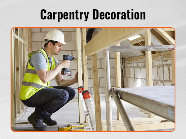 worker in hard hat and safety vest using drill in a wooden structure, labeled 