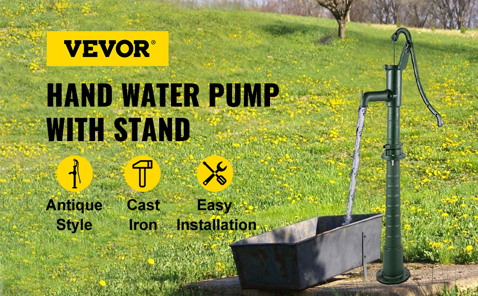 VEVOR hand water pump with stand in a grassy field, antique style, cast iron.