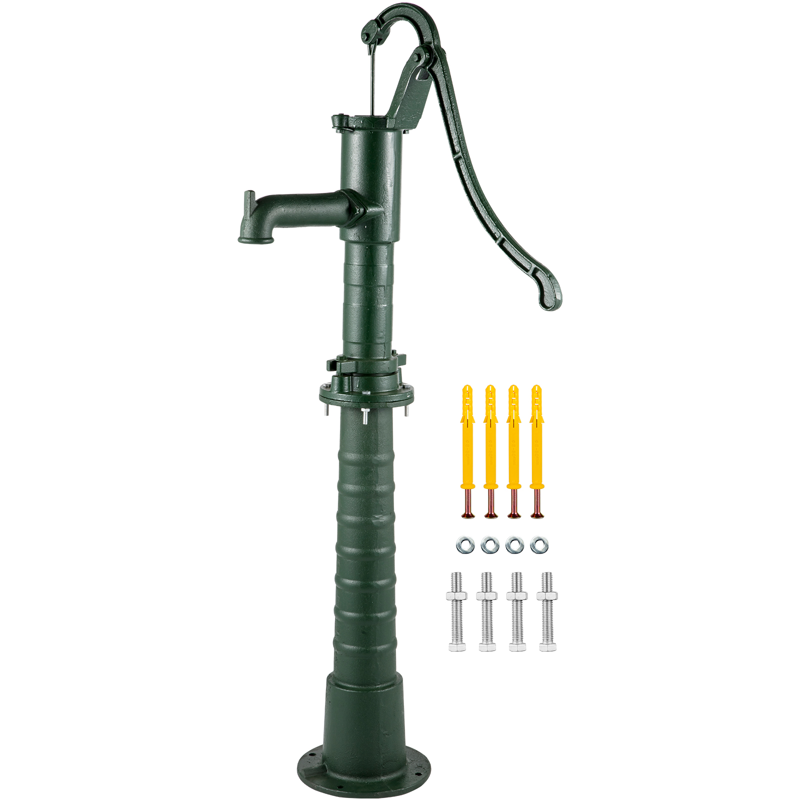 green VEVOR hand water pump with mounting hardware and bolts included.