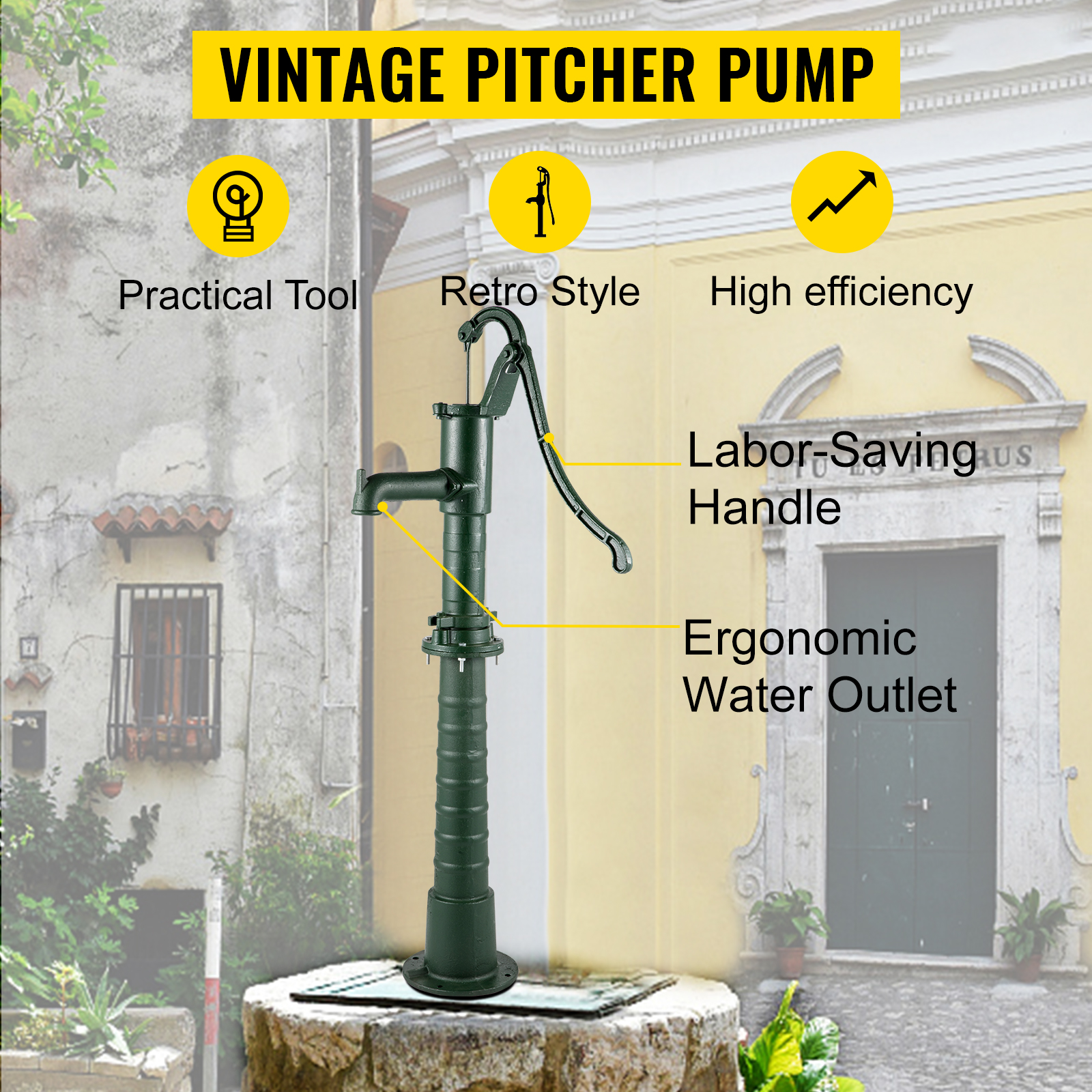 VEVOR hand water pump with retro style and ergonomic water outlet for high efficiency.
