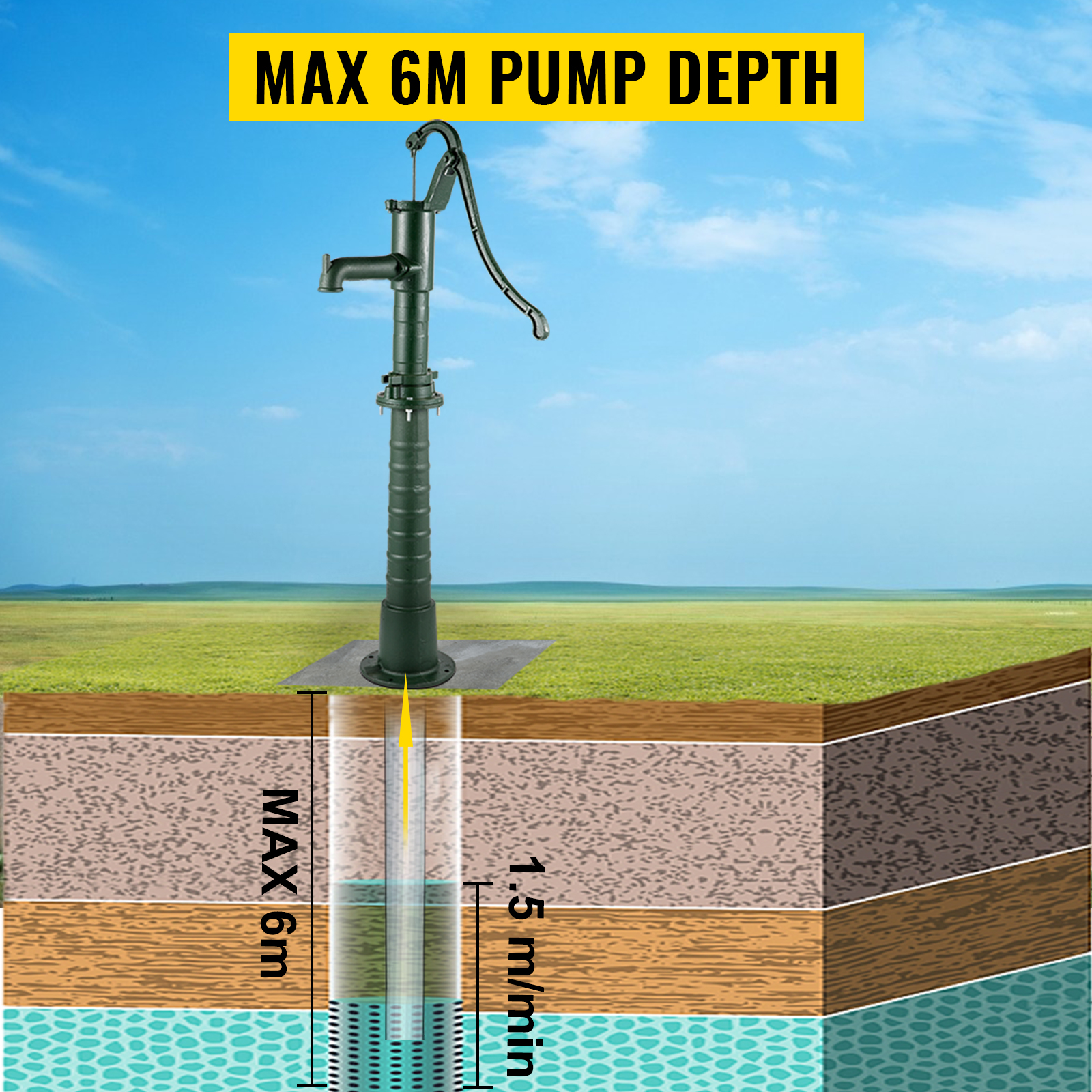 VEVOR hand water pump with a max depth of 6 meters in a field setting.