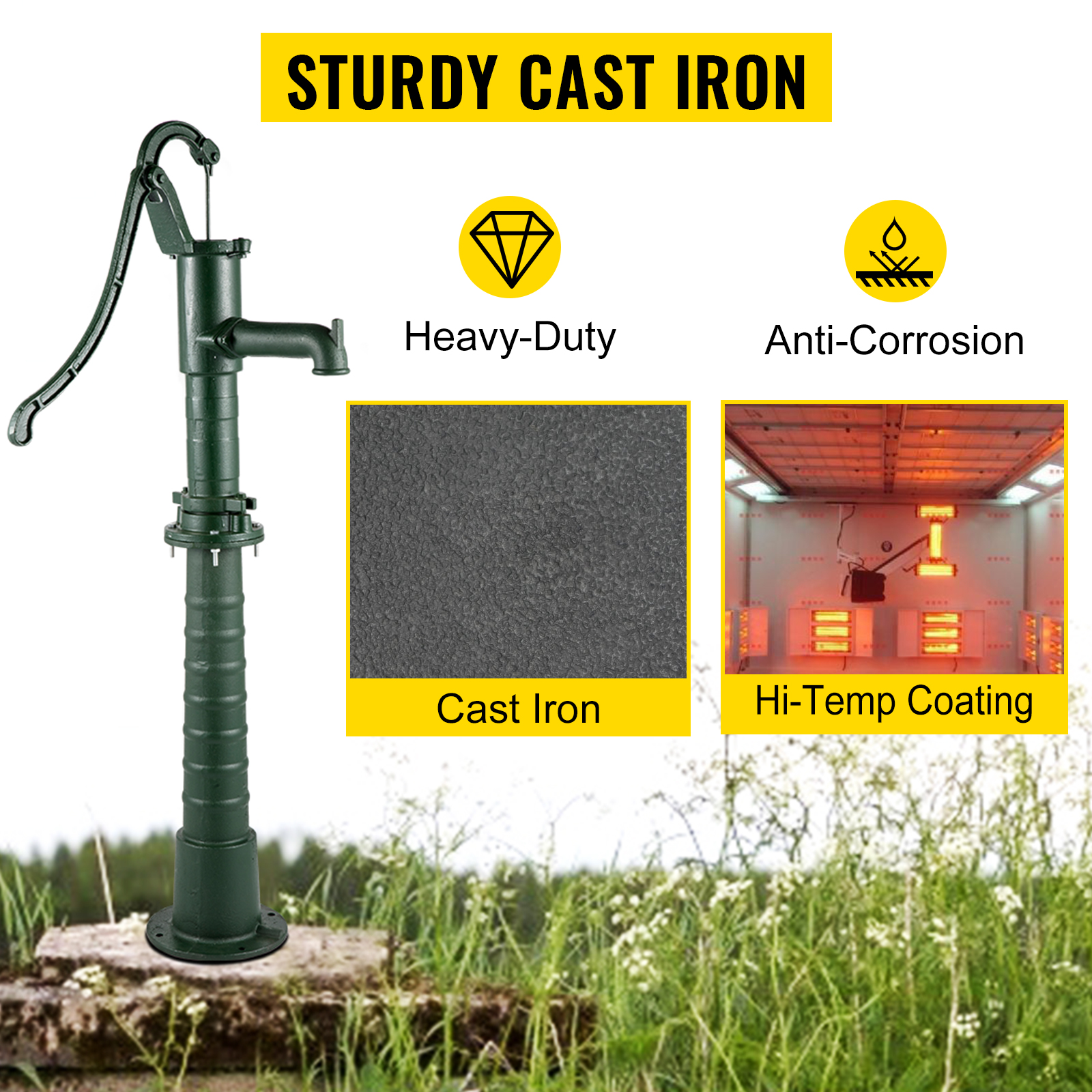 VEVOR hand water pump: sturdy cast iron, heavy-duty, anti-corrosion, hi-temp coating.