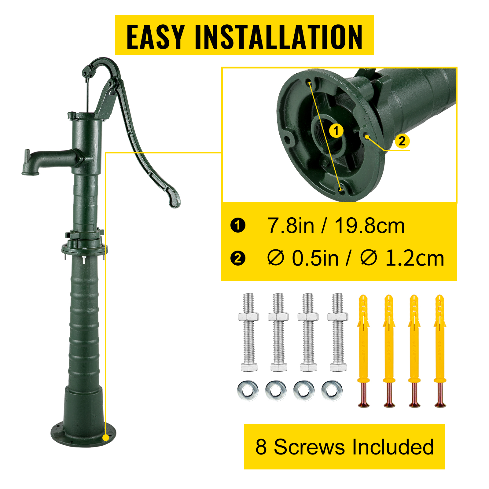 VEVOR hand water pump with easy installation details and 8 screws included.