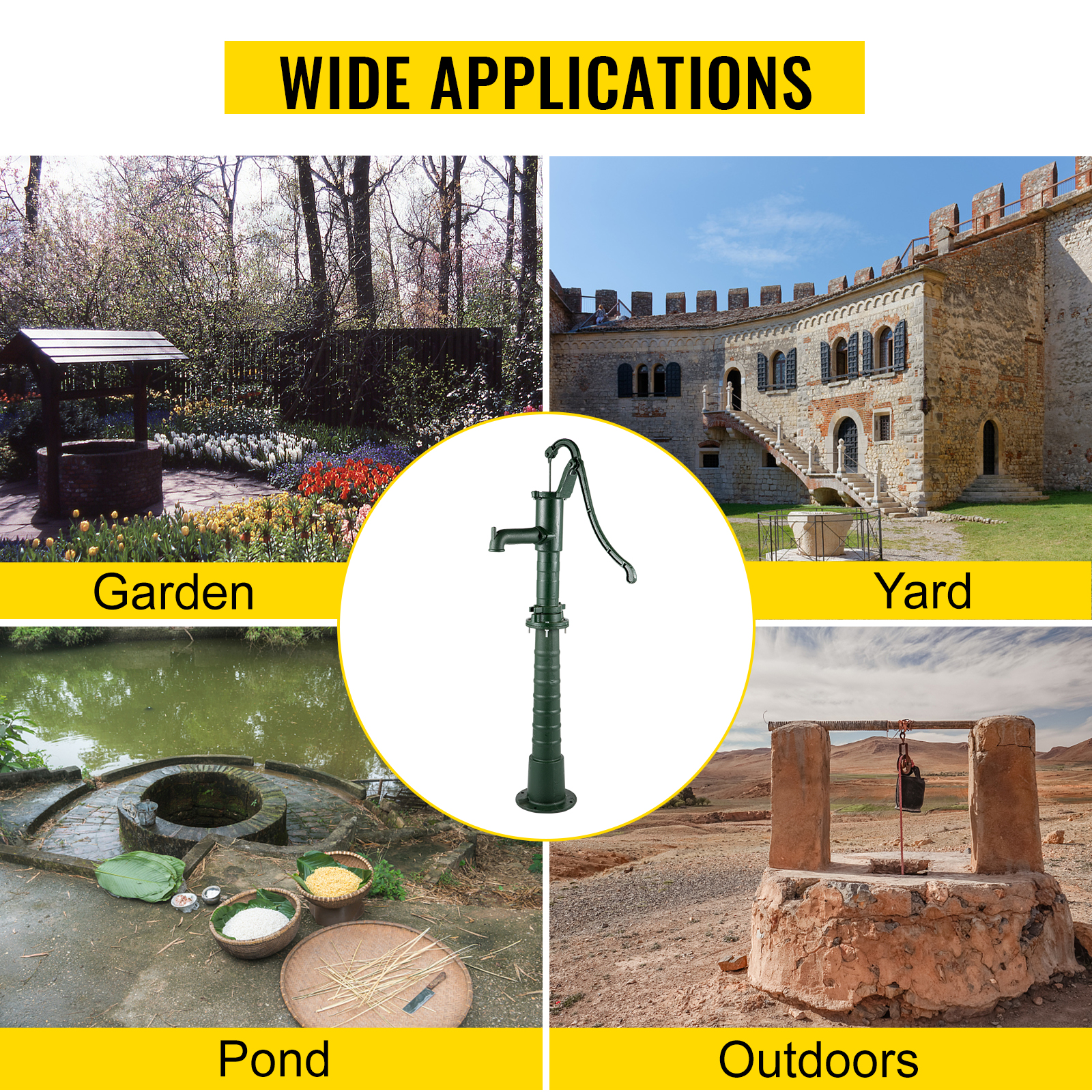 VEVOR hand water pump for garden, yard, pond, and outdoor applications.