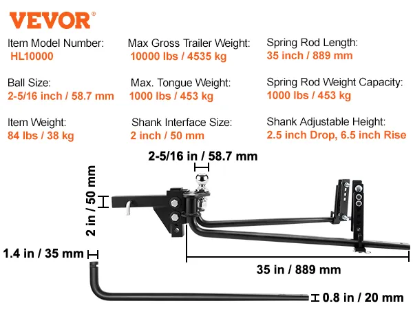 VEVOR weight distribution hitch hl10000 with 10,000 lbs capacity, 2-5/16 inch ball, 35-inch spring rod.