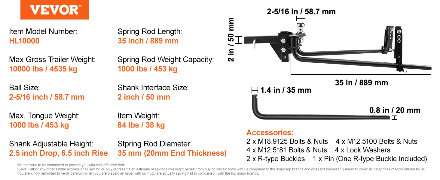 VEVOR weight distribution hitch hl10000 with 10,000 lbs capacity, 2-5/16 inch ball, 35-inch spring rod.