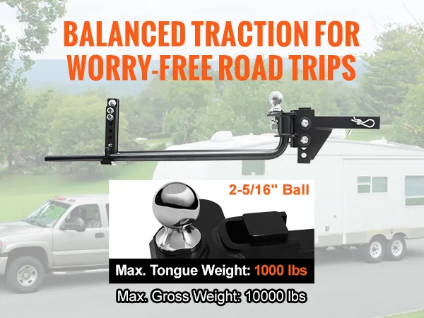VEVOR weight distribution hitch for stable towing, max tongue weight 1000 lbs, ideal for trailers.
