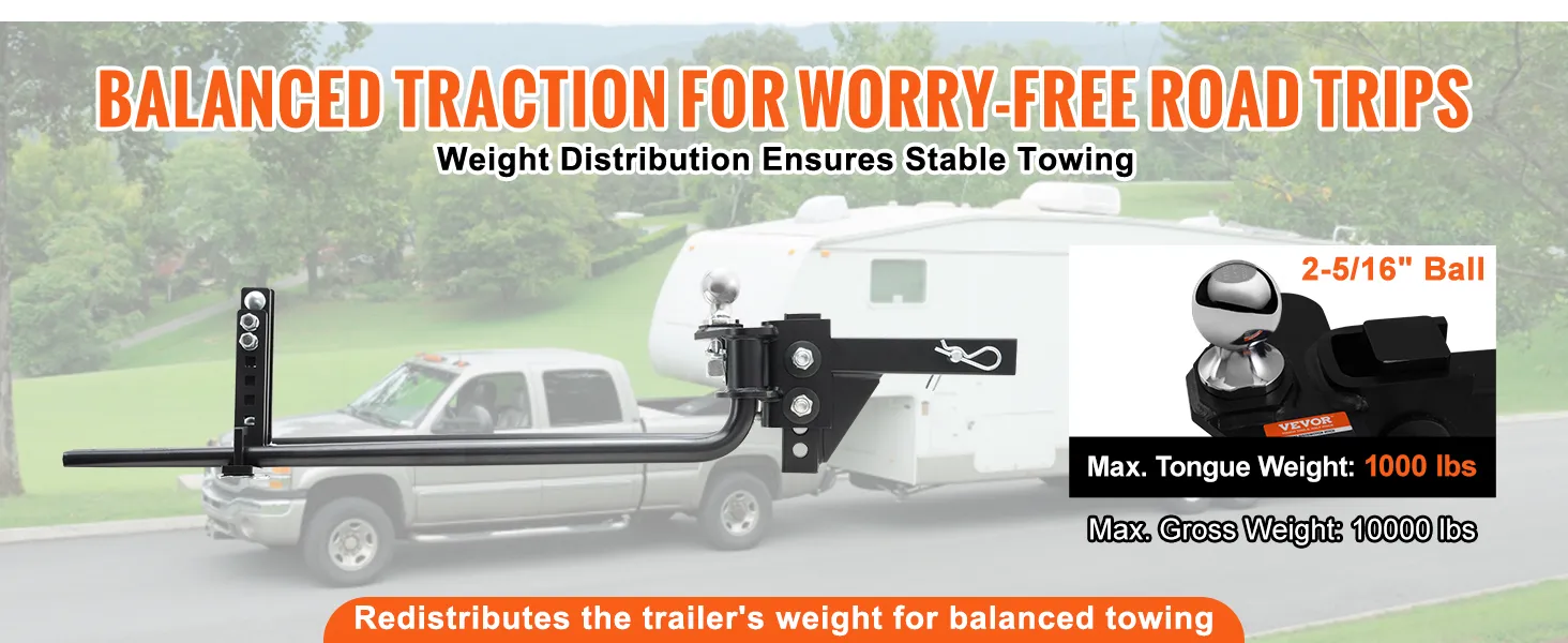 VEVOR weight distribution hitch for stable towing, max tongue weight 1000 lbs, ideal for trailers.