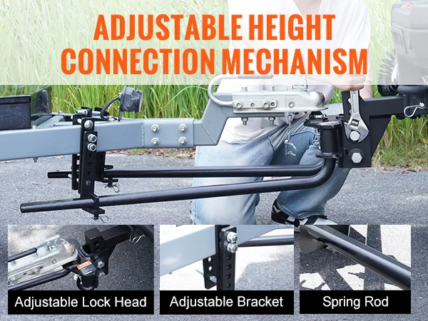 VEVOR weight distribution hitch with adjustable height, secure bracket, and alignment spring rod.