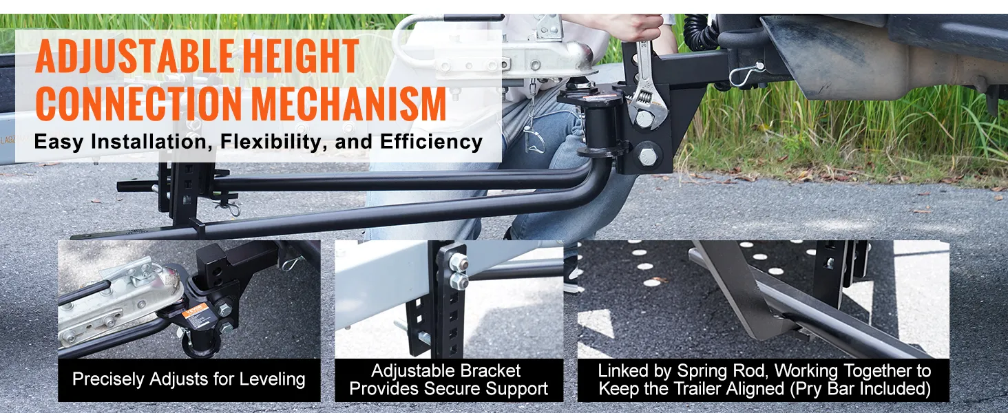 VEVOR weight distribution hitch with adjustable height, secure bracket, and alignment spring rod.