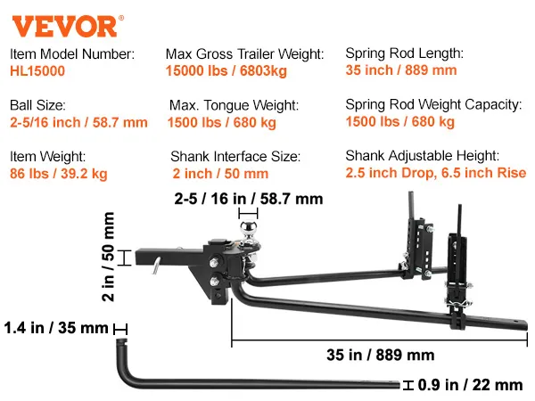 VEVOR weight distribution hitch hl15000, 17000 lbs capacity, 2-5/16 inch ball size, shank adjustable height.
